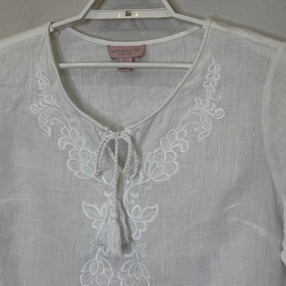 Saint Tropez West Pullover Top Womens Large White 100% Linen Embroidered V-Neck